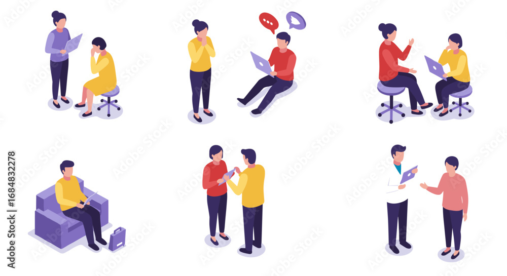 Poster diverse workplace communication in modern office setting with isometric design
