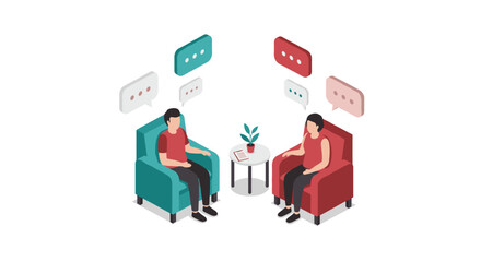 Obraz premium Isometric chatting illustration with two people in armchairs sharing messages