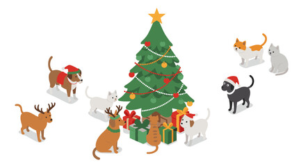 Festive christmas tree with curious pets and colorful gifts in charming isometric style