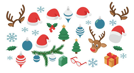 Festive christmas icons with santa hats, reindeer, and ornaments in isometric style