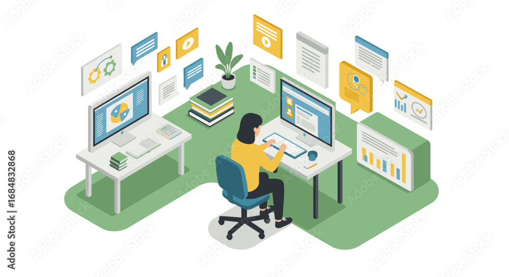 Poster isometric office workspace for remote work with digital tools and analytics displays