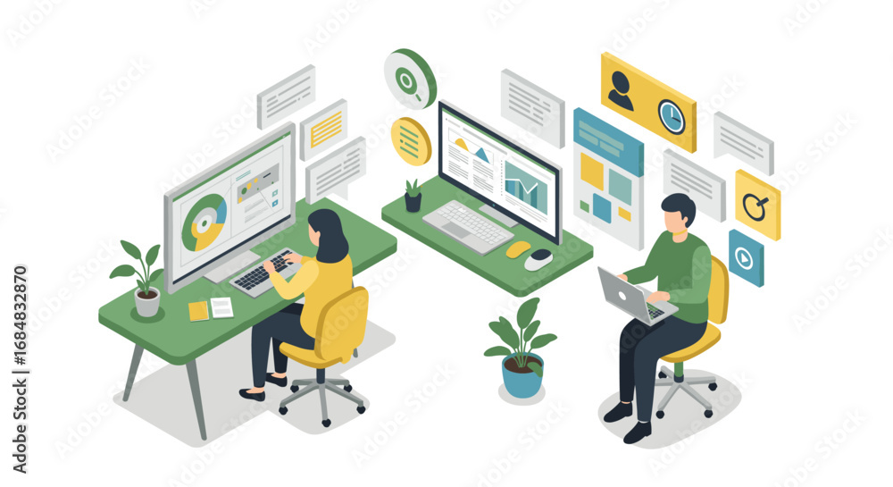 Poster isometric office scene with professionals using computers and analyzing data