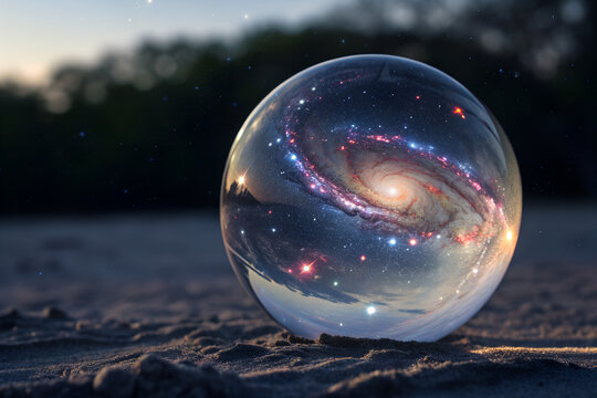 A galaxy inside a crystal ball sitting on a sandy surface with a blurred background of trees at dusk