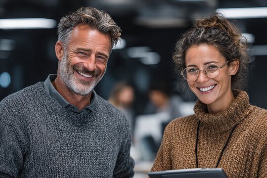 Smiling professionals collaborating in modern office setting with technology - Powered by Adobe