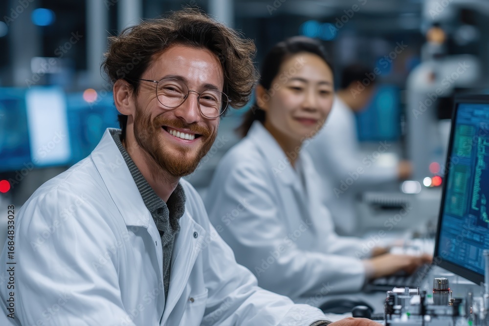 Poster smiling scientist in lab coat working with female colleague in modern lab