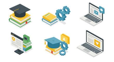 Isometric education icons: graduation cap, books, laptop, gears for e-learning concepts