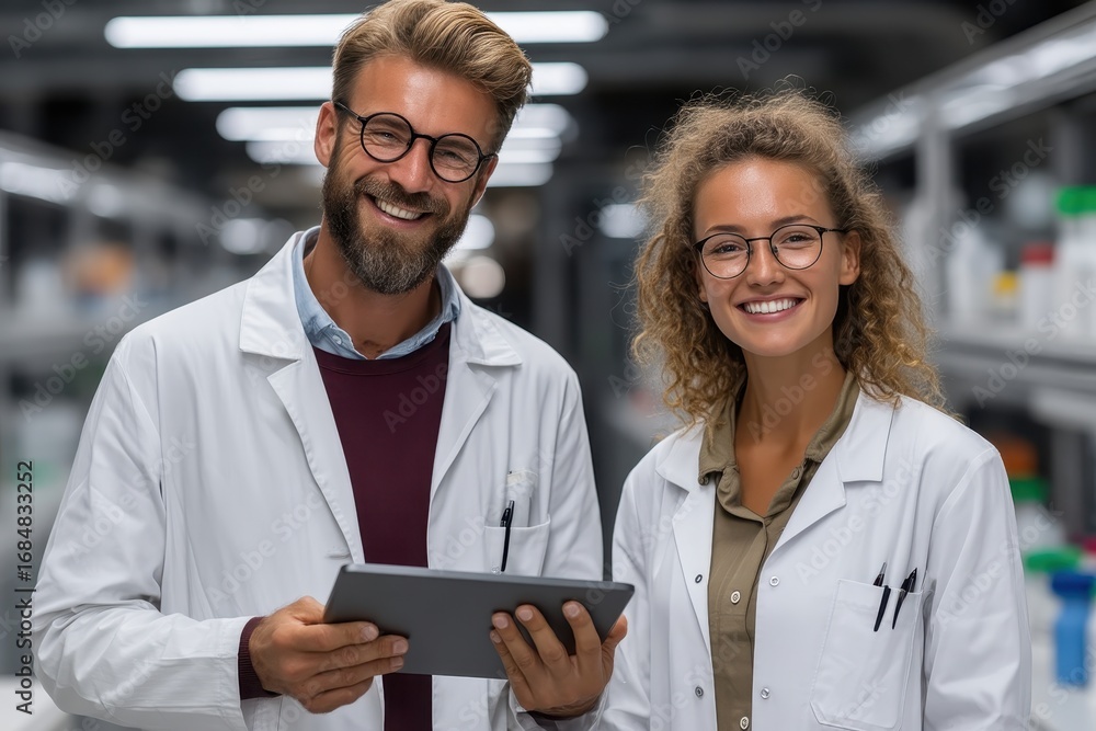 Poster smiling scientists collaborating in modern laboratory environment