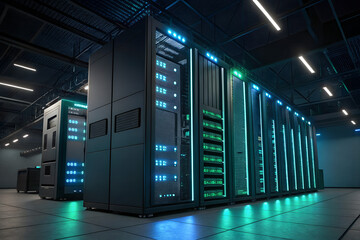 A view of server racks in a data center with blue and green lights illuminating the equipment and room