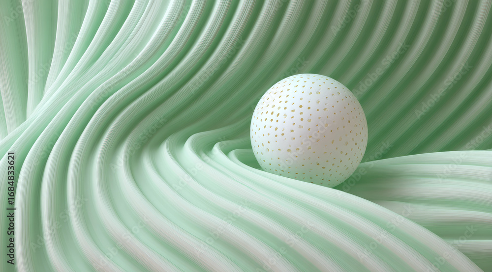 Aufkleber pastel mint abstract background with smooth flowing folds and single white textured sphere, creating