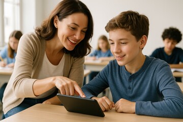 Obraz premium Smiling teacher helping student learn on digital tablet in modern classroom 