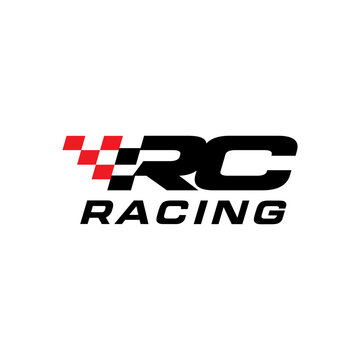 Dynamic RC racing logo with checkered flag for remote control sport branding; professional lettermark for speed-driven