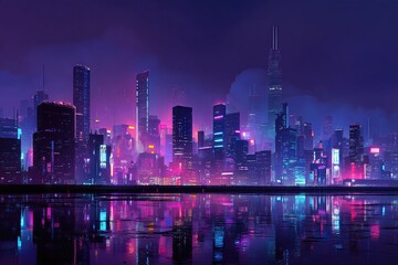 Obraz premium Futuristic neon cyberpunk city skyline wallpaper