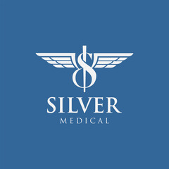 Medical logo with letter S and wings, clean vector design for healthcare, clinic, and pharmaceutical branding.