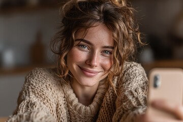 Smiling Young Woman Taking Selfie in Cozy Sweater at Home