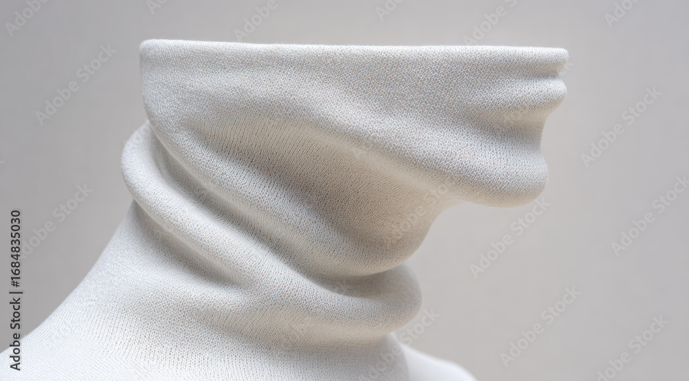 Poster soft white fabric elegantly wraps around neck, creating smooth minimalist curves and gentle folds, e