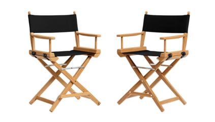 Two black canvas director's chairs, light-tan wooden frame, angled perspective