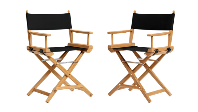 Two black canvas director's chairs, light-tan wooden frame, angled perspective