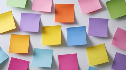 Fototapeta premium Collection of colorful adhesive notes scattered across a textured, bright white surface