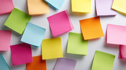Fototapeta premium Collection of colorful sticky notes scattered casually across a white surface