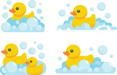 Cute yellow rubber duck with soap bubbles, cartoon bath toy illustration, baby shower decoration, bathroom fun design, playful vector for children’s hygiene concept
