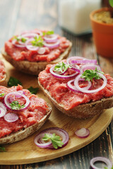 Traditional German sandwiches with minced meat Mettbroetchen	