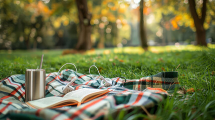 A relaxing picnic scene with an open book, earphones, and a drink on a plaid blanket in a sunny autumn park.