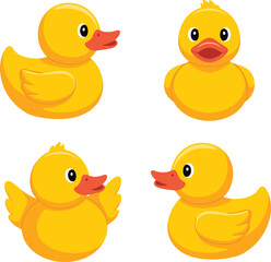 Cute yellow rubber duck cartoon set, baby bath toy illustration, playful duck collection for children’s hygiene, vector animal design for bathroom decoration