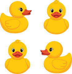 Cute yellow duck cartoon illustration, rubber duck toy vector design, adorable animal characters for kids, bath time, nursery, education, decoration elements