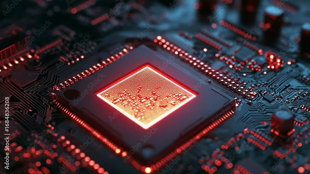 Poster cpu processing data on motherboard with red lights