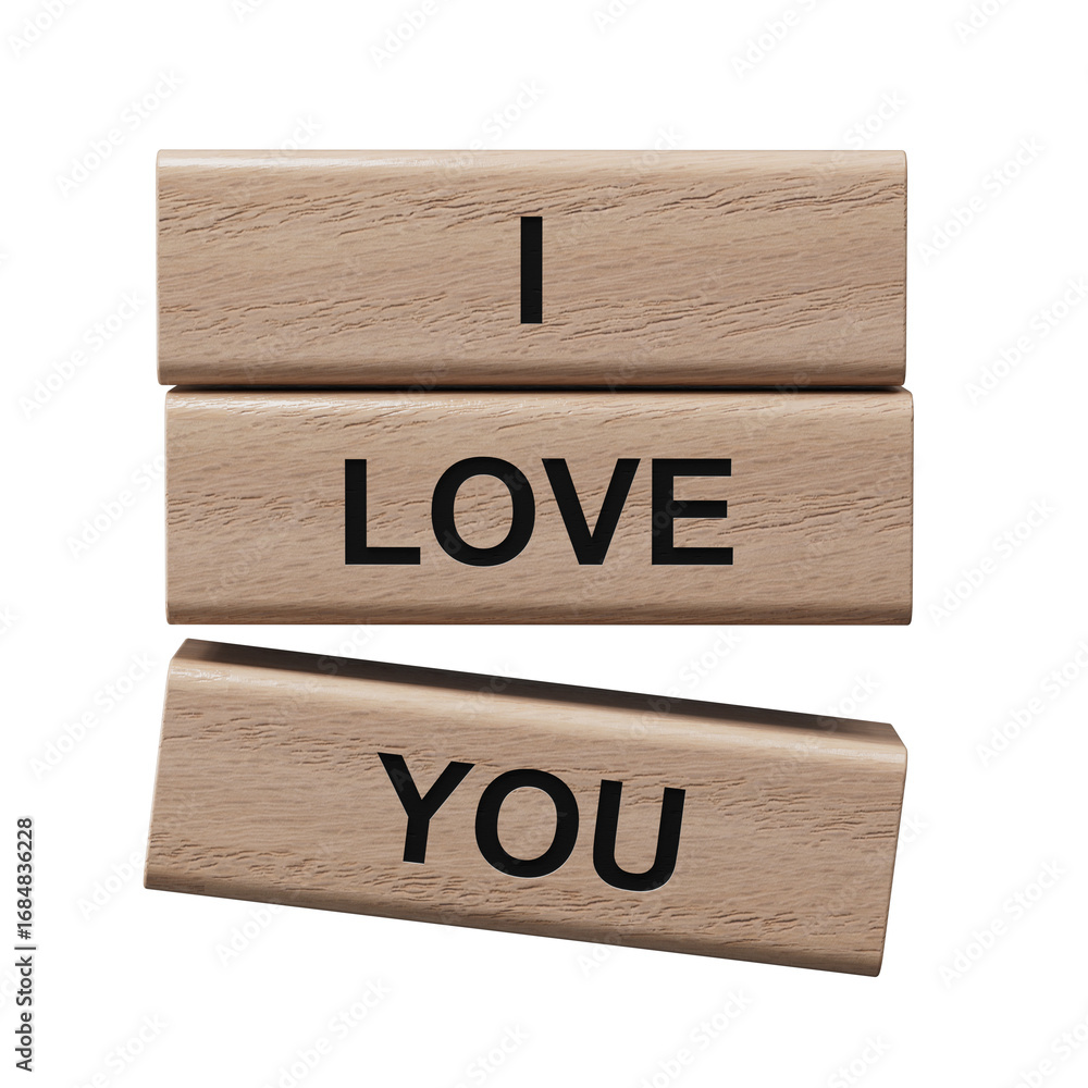 Poster i love you.wooden blocks spelling.flat lay view from above on blue background with wooden blocks but
