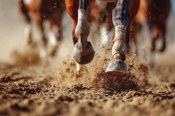 Close-up action of galloping horse hooves kicking up dirt at a race track during a sunny day, showcasing the intensity and speed of horse racing