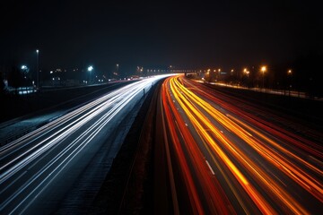 Vibrant night traffic illuminated by streaks of light on the highway showcasing the energy of urban life during late hours
