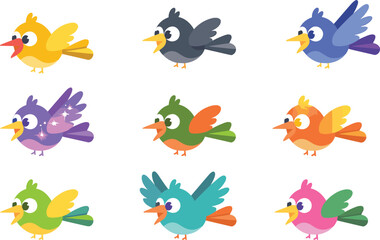 Colorful cartoon birds collection, cute flying animal vector illustration, fun children’s design, decorative nature artwork for kids learning, nursery, education, playful decoration