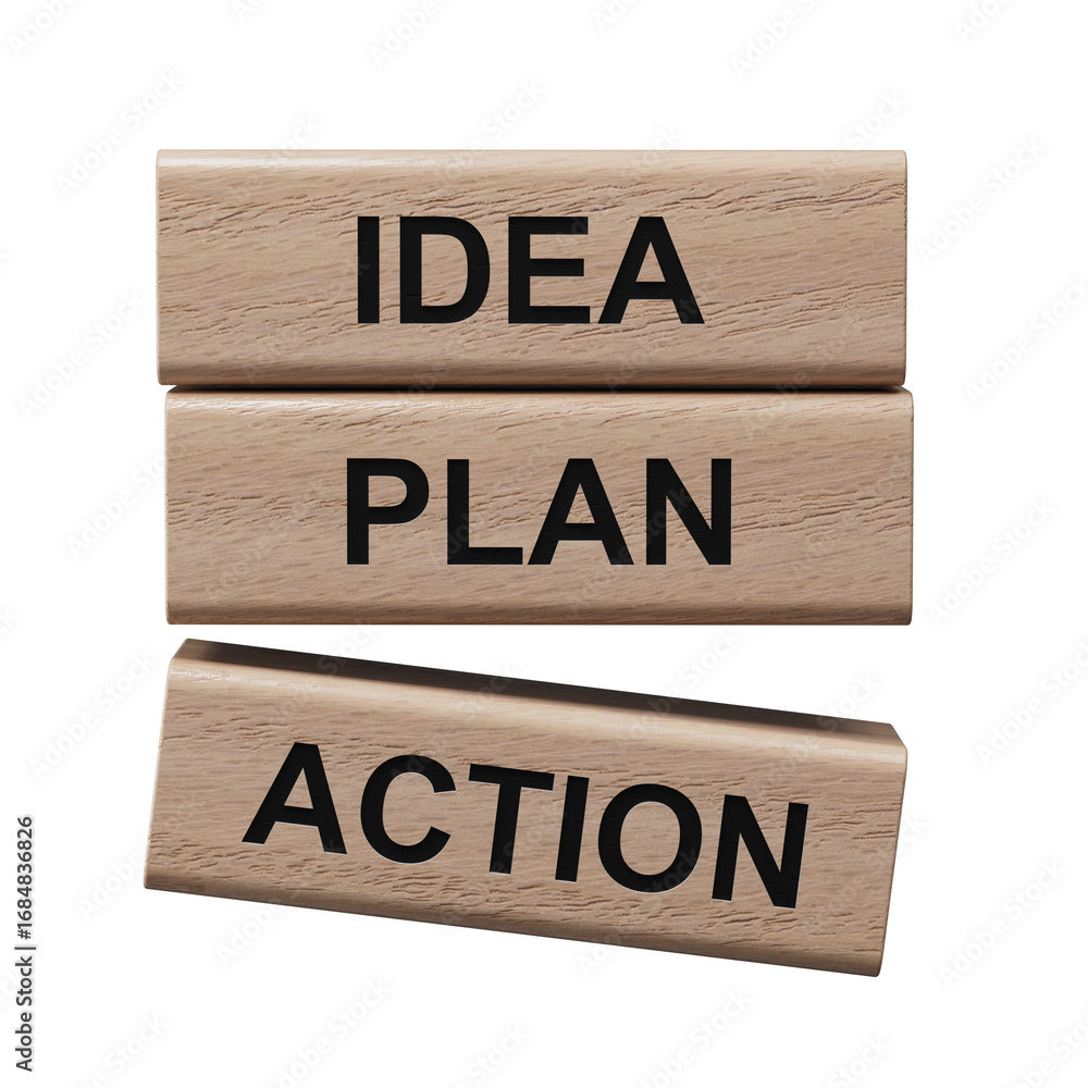 Poster idea plan action symbol. wooden blocks with words idea plan action.business and idea plan action con