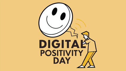 Happy Digital Positivity Day:  A stylized illustration depicting a person joyfully embracing a large, smiling digital icon, conveying optimism and positive online engagement.
