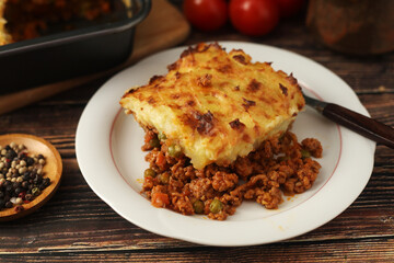 A shepherd's pie, freshly backed and ready to be served. Traditional English dish