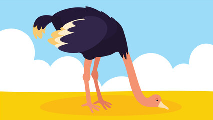 Ostrich on the field. Vector illustration in flat style.