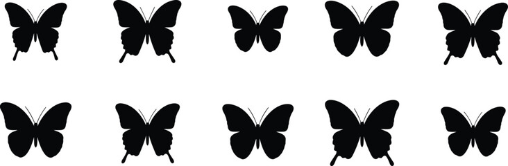 Collection of butterfly silhouette vector illustration, black butterfly icons, insect wing shapes, decorative nature design, flying insect art, graphic butterfly pattern