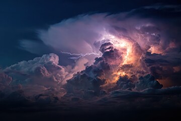 Dramatic lightning illuminating dark storm clouds at night over an open landscape