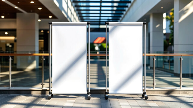 roll up mockup poster stand in an shopping center or mall environment as wide banner design with blank empty copy space area