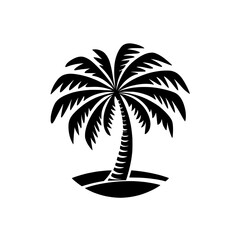 Minimalist Palm Tree Icon for Tropical Themes, Black silhouette of a curved palm tree on an island, ideal for tropical, vacation, or beach-related branding and design.

