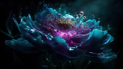 Fantasy Luminous Blue - Purple Flower with Neon Light Effects and Delicate Textures, for Art Illustration, Wallpaper, Decorative Design, etc.