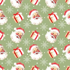 A festive Christmas pattern with Santa Claus joyfully surrounded by presents and gifts
