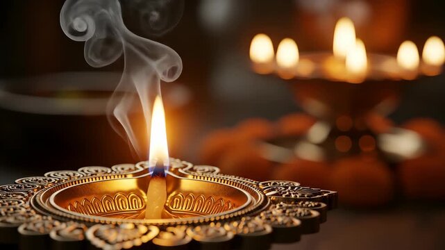 Traditional brass diya lamp illuminating vijayadashami festival with warm glow and wisping smoke creating spiritual ambiance