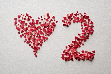 number two made of papery tiny hearts on white background