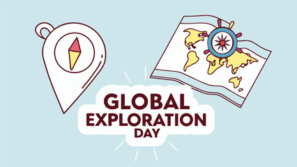 Whimsical Illustration: Global Exploration Day;  A compass and world map with nautical wheel, celebrating adventure and discovery in a lighthearted, cartoon style.