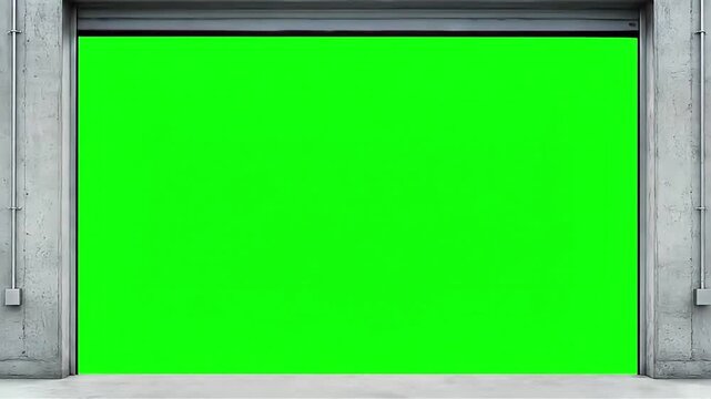Industrial Metal Garage Door Opening Upwards to Reveal a Chroma Key Green Screen Background