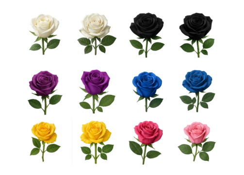 Collection of realistic roses in multiple colors isolated on transparent background