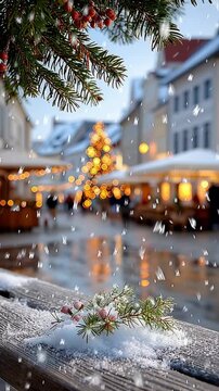 Los copos de nieve caen suavemente sobre un mercado navide&ntilde;o, iluminando las calles y creando un ambiente festivo lleno de alegr&iacute;a y calidez. La escena est&aacute; adornada con un &aacute;rbol brillante.