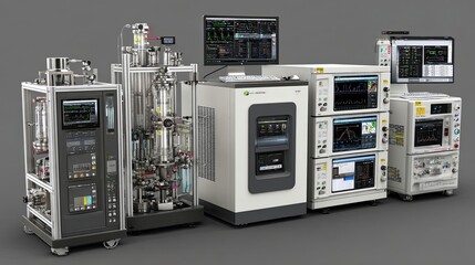 Fototapeta premium Cutting edge lab equipment for scientific research and experimentation, ideal for biotechnology and pharmaceutical development with modern industrial design and data analysis